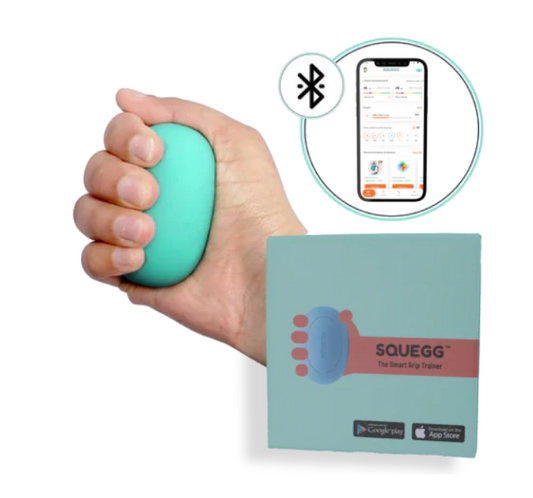 Hand holding a teal Squegg device with its packaging and app interface on a white background